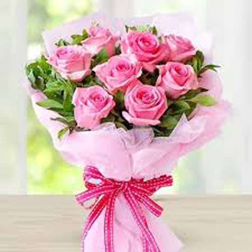 10 Pink Roses In Brown Paper, Flower Bouquet in Allahabad